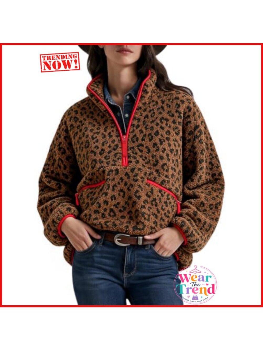 Womens Leopard Fleece Jacket Quarter Zip Sherpa Pullover Zip Pockets